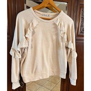 89th & Madison Ruffle Sweatshirt M Oatmeal Knit Eyelet Crew Neck Long Sleeve